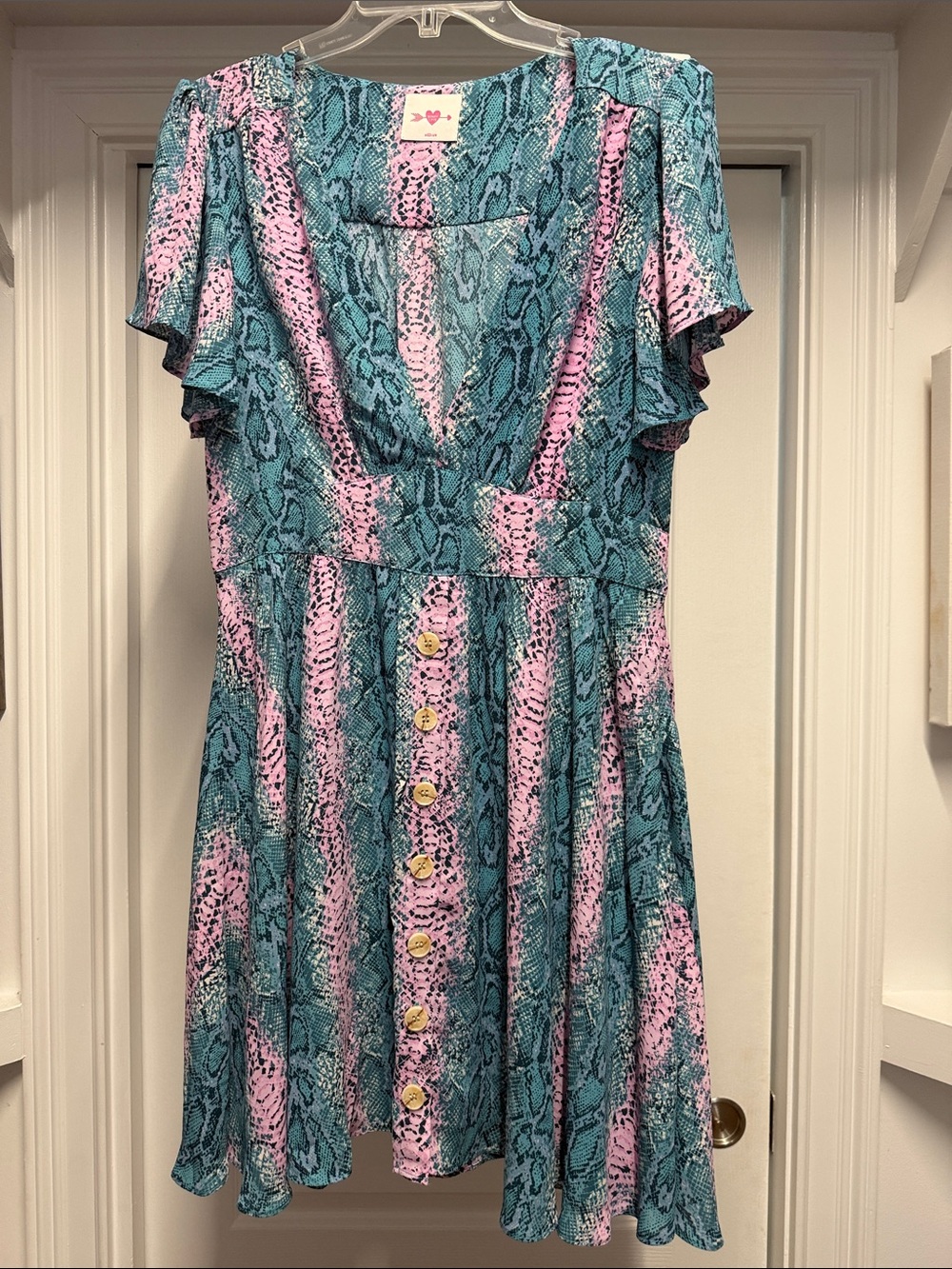Buddy Love Teal & Pink Snake-Print Mini Dress with Flutter Sleeves